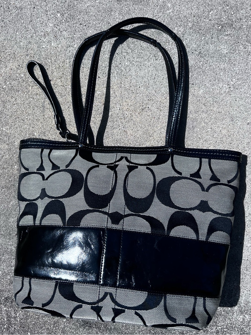 Coach Black & Grey Signature Fabric Tote, Leather Trim Medium